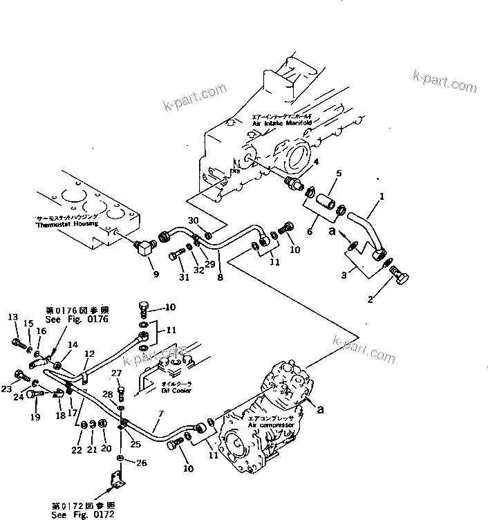 Komatsu parts book diagram for S6D170-1D-R S/N 10490-UP (-50cent. Spec.): AIR COMPRESSOR PIPING (1/2)