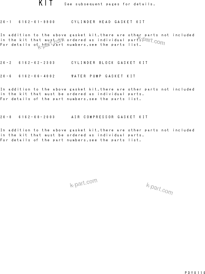 Komatsu parts book diagram for S6D170-1D-R S/N 10490-UP (-50cent. Spec.): GASKET KIT