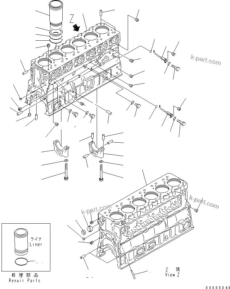 Komatsu parts book diagram for S6D170-1L-6W S/N 10001-UP: CYLINDER BLOCK (FCD PISTON SPEC.)(#17210-)