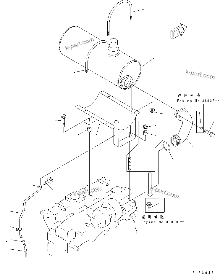 Komatsu parts book diagram for S6D95L-1Q S/N 27756-UP: MUFFLER AND MOUNTING