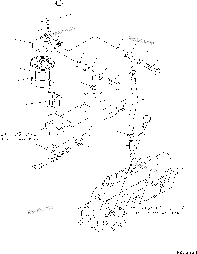 Komatsu parts book diagram for S6D95L-1Q S/N 27756-UP: FUEL FILTER AND PIPING