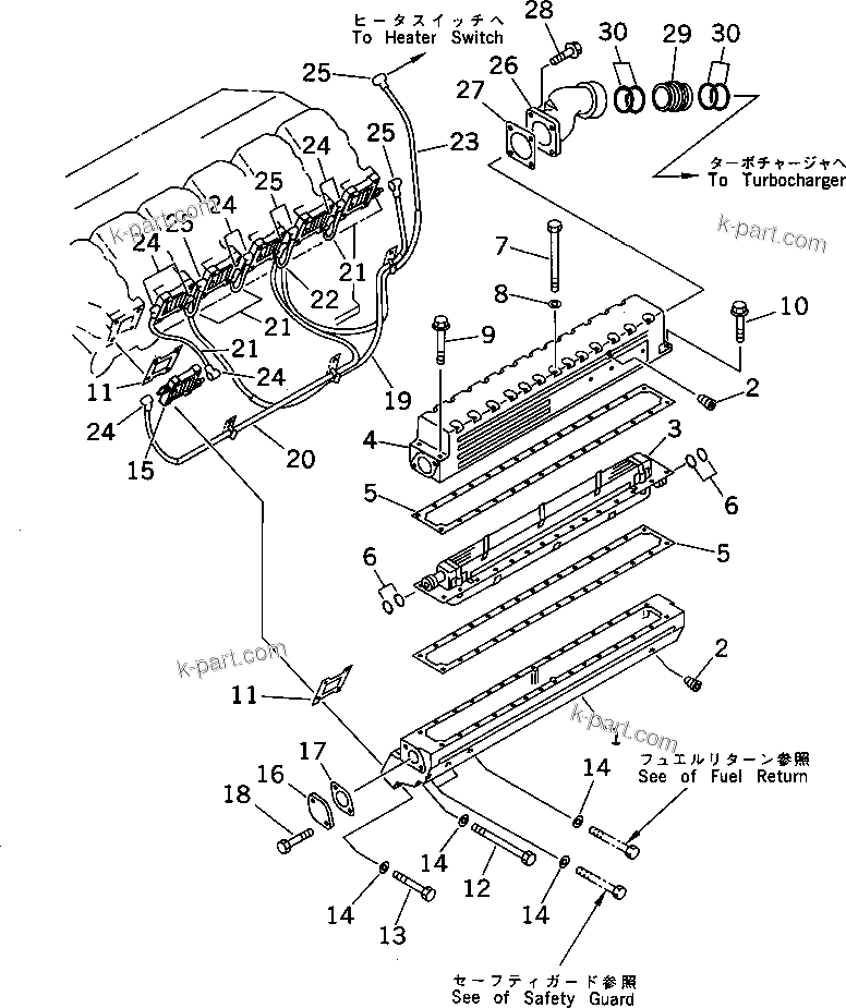 Komatsu parts book diagram for SA12V140-1M S/N 10517-UP: AIR INTAKE MANIFOLD AND AFTER COOLER (L.H.) (JG SPEC.)