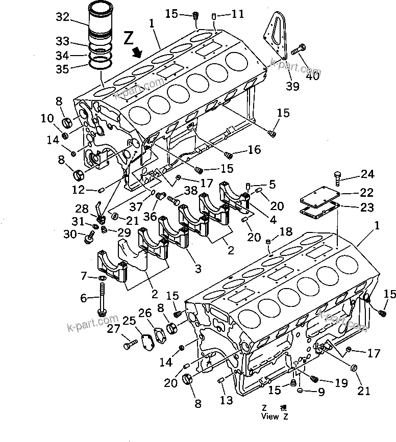 Komatsu parts book diagram for SA12V140-1M S/N 10517-UP: CYLINDER BLOCK (JCI SPEC.)