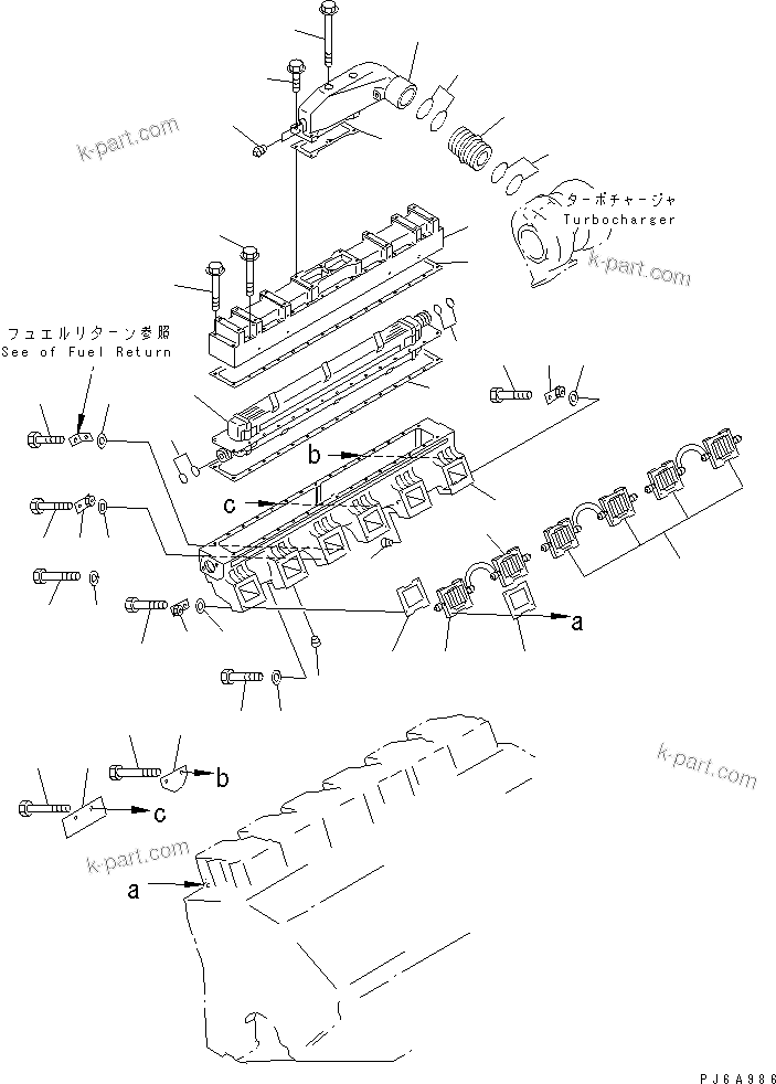 Komatsu parts book diagram for SA12V140-1E-A S/N 10001-UP: AIR INTAKE MANIFOLD AND AFTER COOLER (2/2) (R.H. BANK)(#10100-10232)