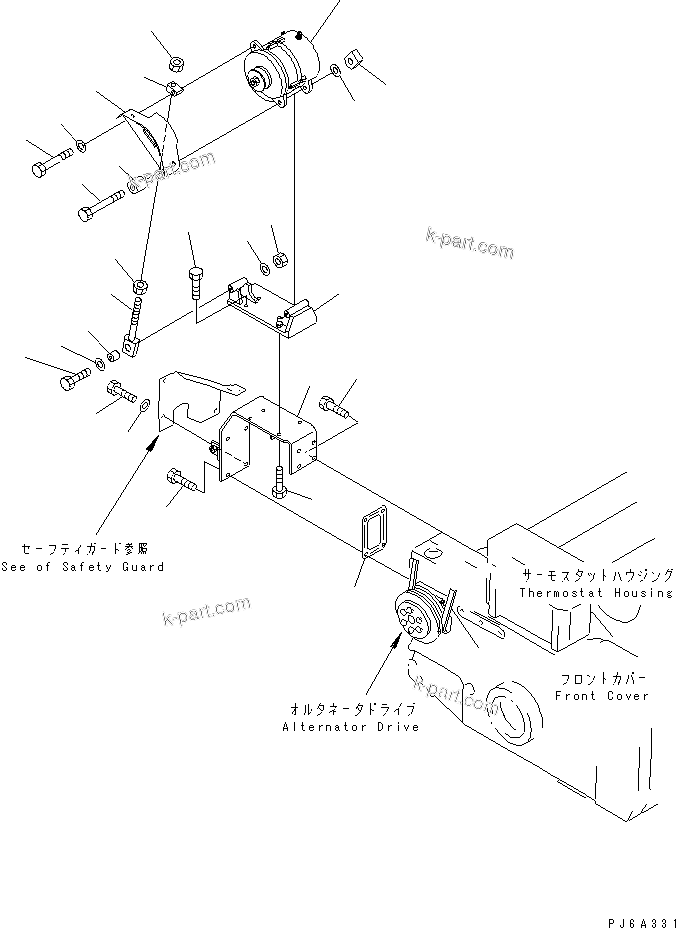 Komatsu parts book diagram for SA12V140-1E-A S/N 10001-UP: ALTERNATOR MOUNTING (75A)(#10100-12250)