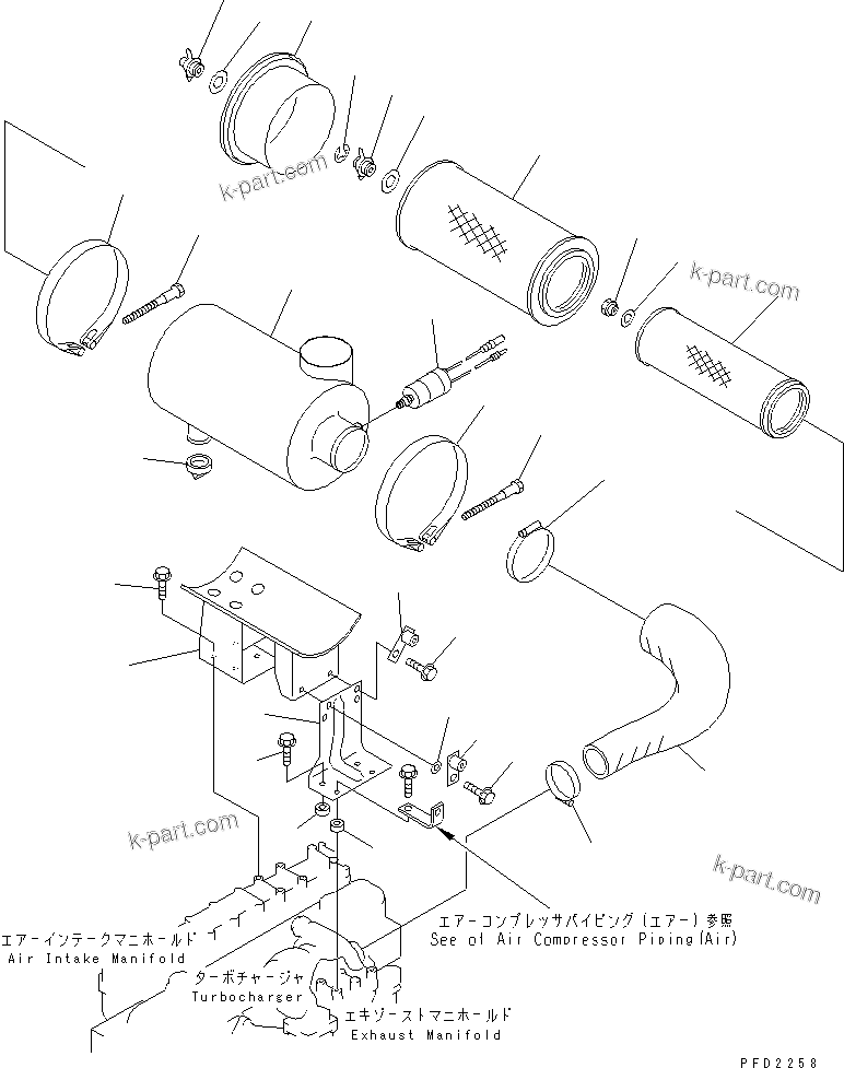 Komatsu parts book diagram for SA6D108E-2A-H7 S/N 19030-UP: AIR CLEANER (WITH INTAKE EXTENSION PIPE) (WITH AIR COMPRESSOR)(#32423-)