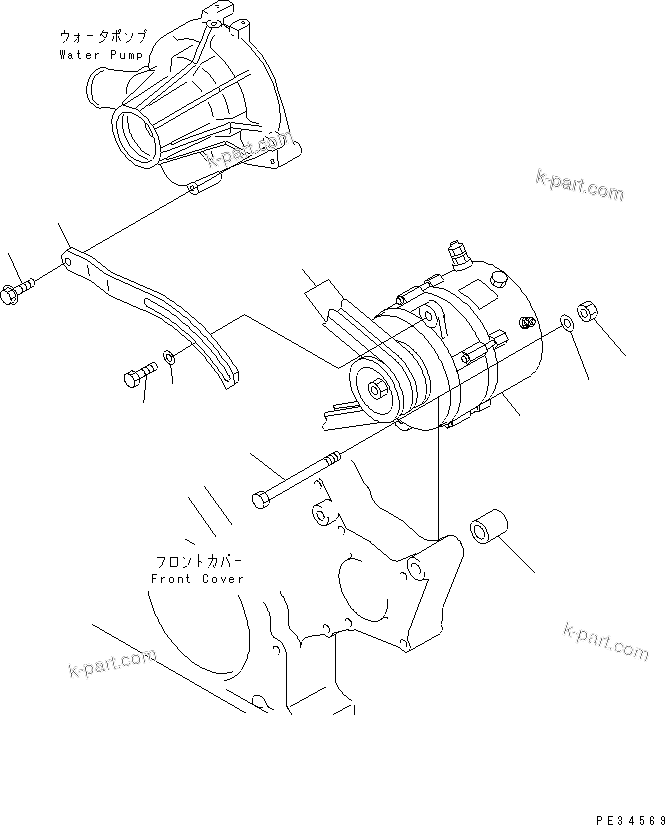 Komatsu parts book diagram for SA6D108E-2A-H7 S/N 19030-UP: ALTERNATOR MOUNTING (50A) (WITH NON HARDENING PULLEY)(#21722-30645)