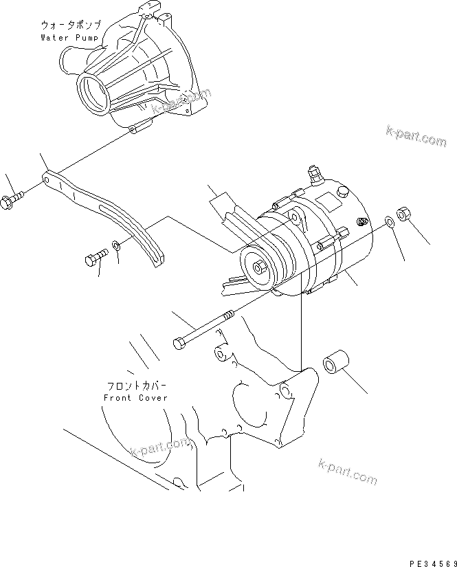 Komatsu parts book diagram for SA6D108E-2A-S7 S/N 19030-UP: ALTERNATOR MOUNTING (50A) (WITH NON HARDENING PULLEY)(#21722-30645)