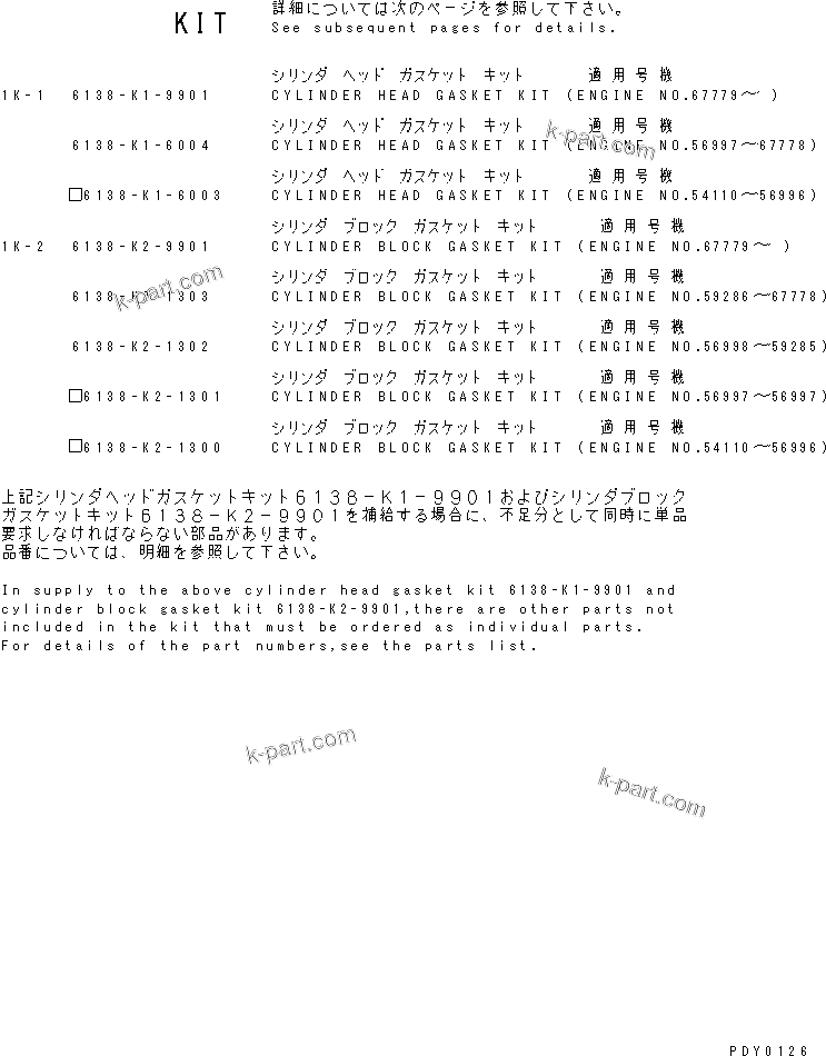Komatsu parts book diagram for SA6D110-1W S/N 54110-UP: GASKET KIT