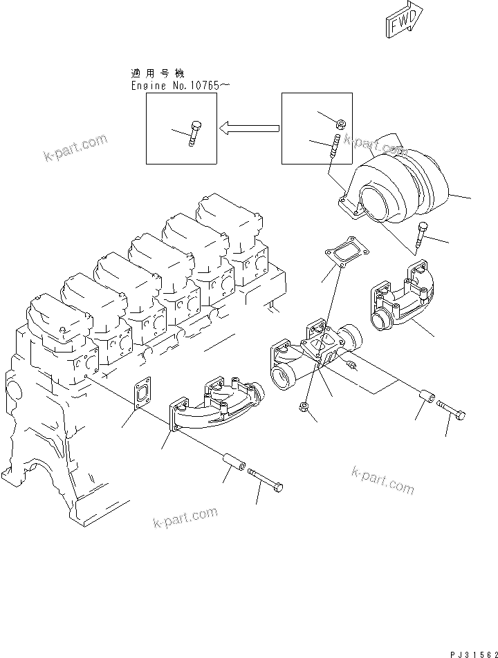 Komatsu parts book diagram for SA6D140-1E S/N 10428-UP: EXHAUST MANIFOLD AND TURBOCHARGER