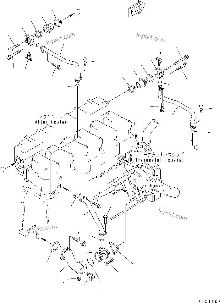 Komatsu parts book diagram for SA6D140-1E S/N 10428-UP: WATER PIPING