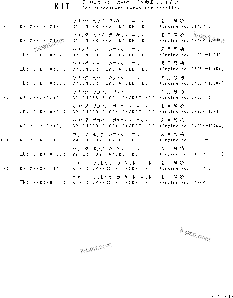 Komatsu parts book diagram for SA6D140-1E S/N 10428-UP: GASKET KIT