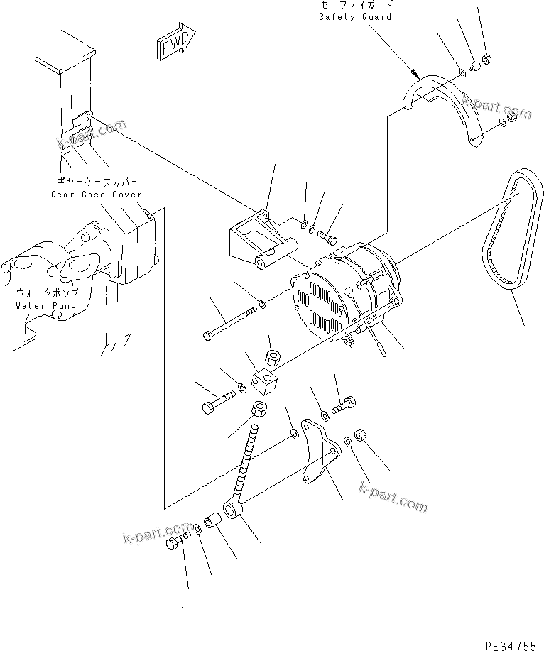 Komatsu parts book diagram for SA6D170E-2A S/N 17353-UP: ALTERNATOR MOUNTING (75A)