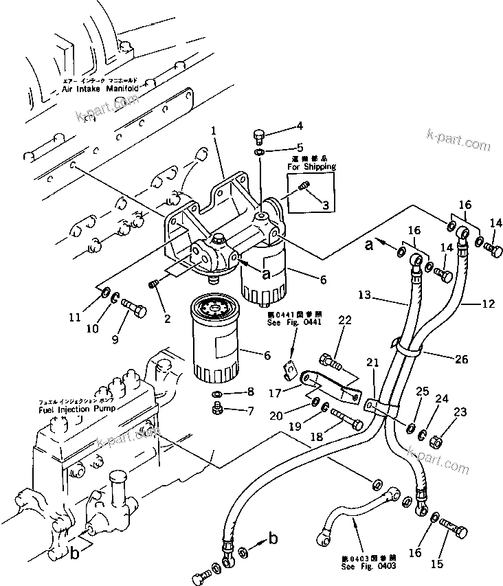 Komatsu parts book diagram for SA6D170-B-1E S/N 11452-UP: FUEL FILTER AND PIPING