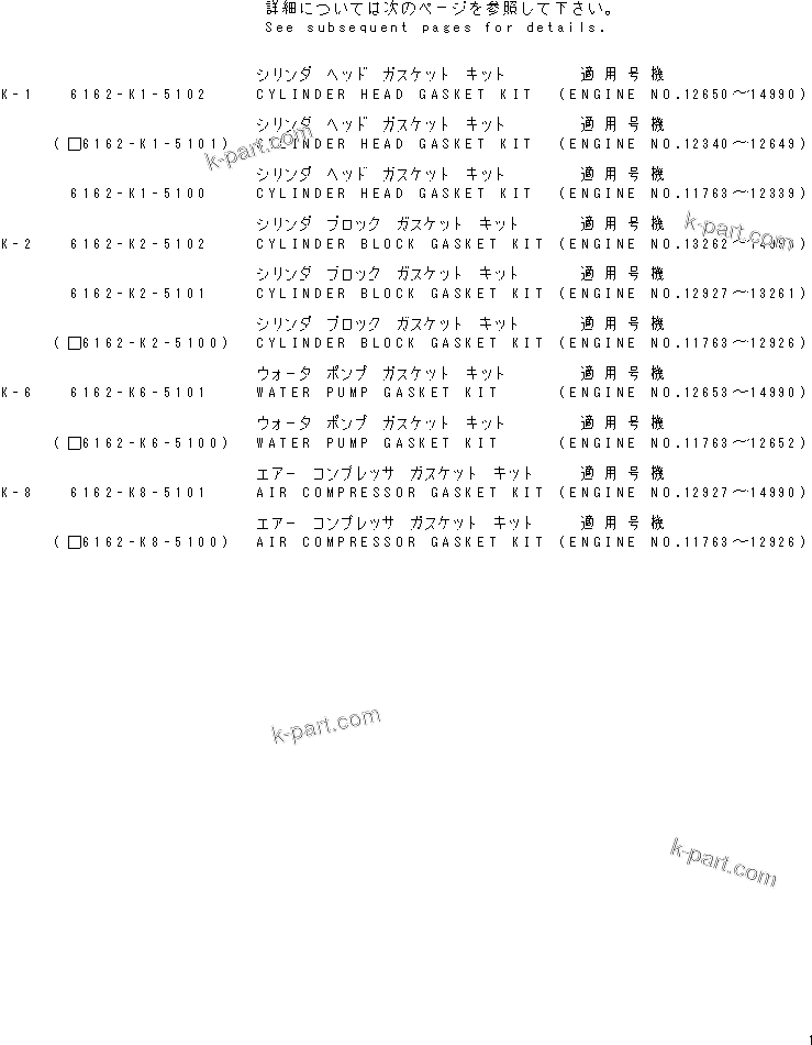 Komatsu parts book diagram for SA6D170-B-1F S/N 11763-UP: GASKET KIT(#11763-14990)