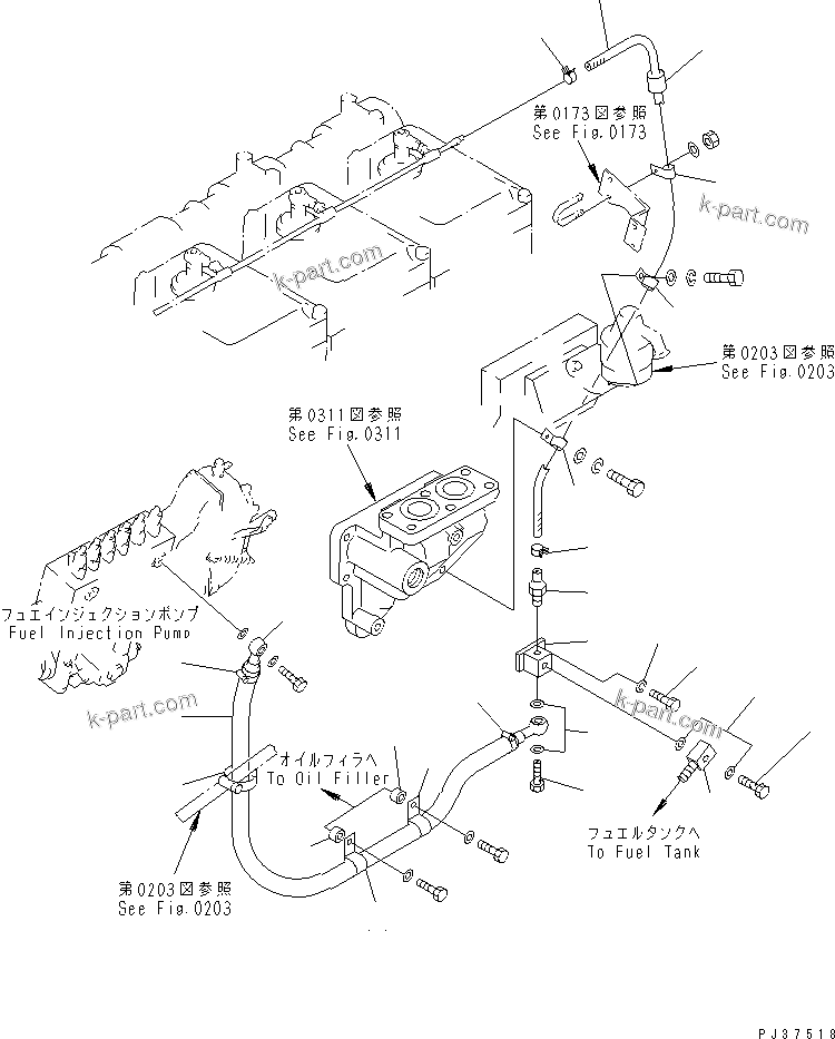 Komatsu parts book diagram for SA6D170-B-1J-R S/N 13551-UP (-50cent. SPEC.): FUEL INJECTION PUMP PIPING (2/2) (COLD WEATHER (B) SPEC.)