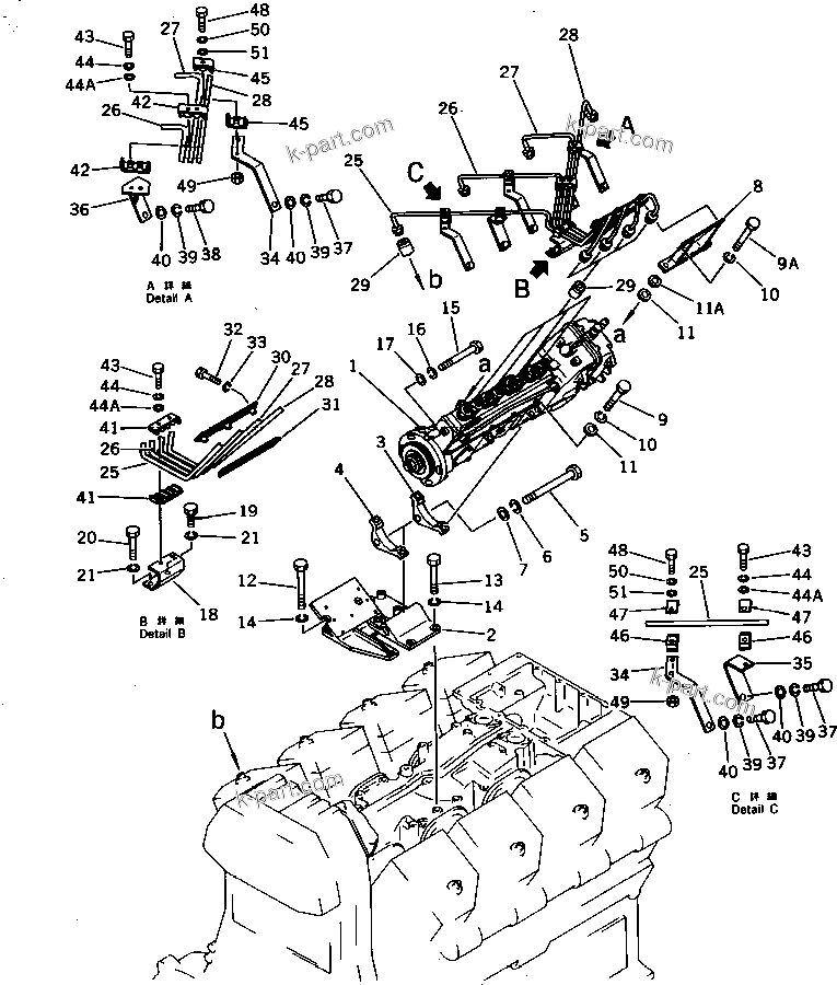 Komatsu parts book diagram for SA8V170-1B S/N 10007-UP: FUEL INJECTION PUMP AND PIPING (1/2)