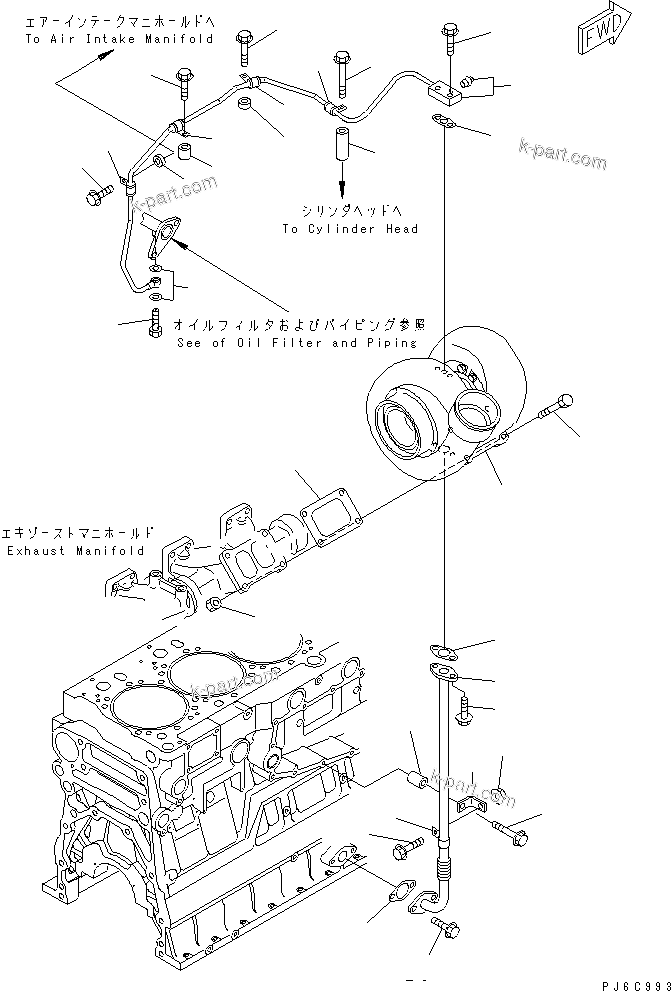 Komatsu parts book diagram for SAA6D140E-3D-8 S/N 110003-UP (Rear Engine): TURBOCHARGER AND OIL PIPING(#110134-)