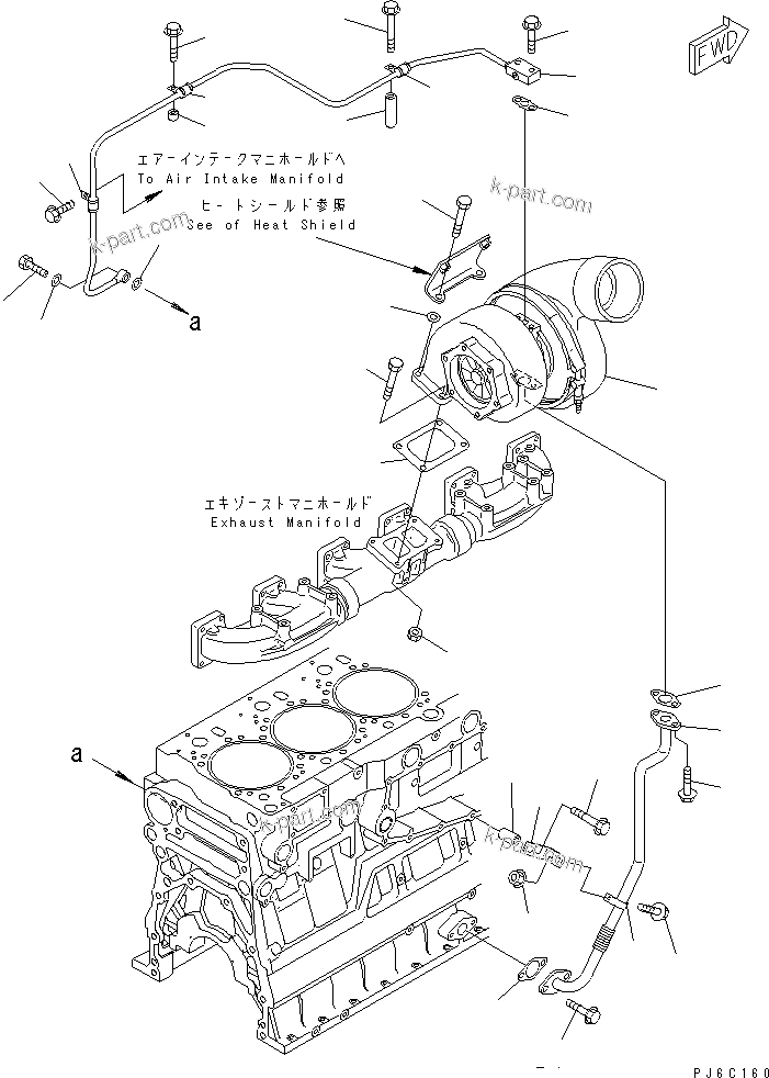 Komatsu parts book diagram for SAA6D140E-3J-1 S/N 111534-UP: TURBOCHARGER AND OIL PIPING(#110014-)