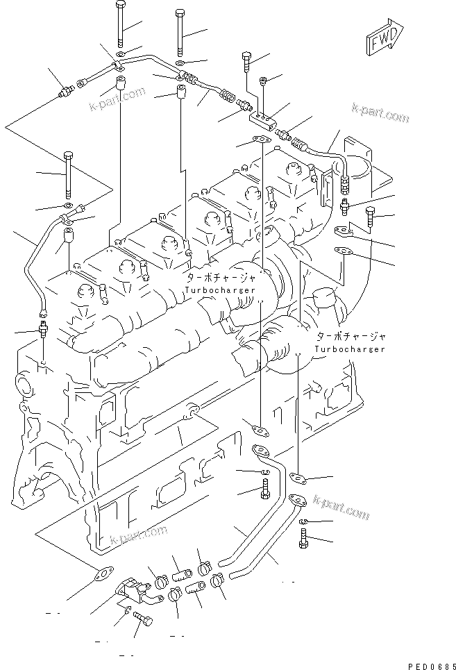 Komatsu parts book diagram for SAA6D170E-2A S/N 17389-UP: TURBOCHARGER OIL PIPING(#17389-19205)
