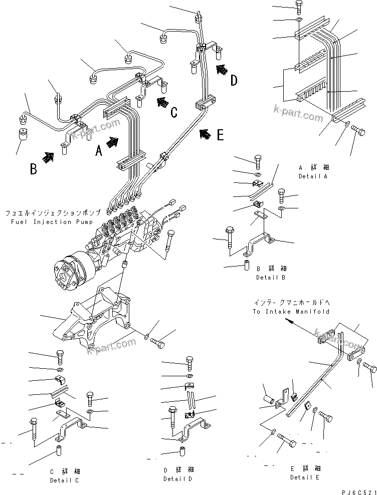 Komatsu parts book diagram for SAA6D170E-2A S/N 17389-UP: FUEL INJECTION PUMP BRACKET AND PIPING (1/2)(#20588-)
