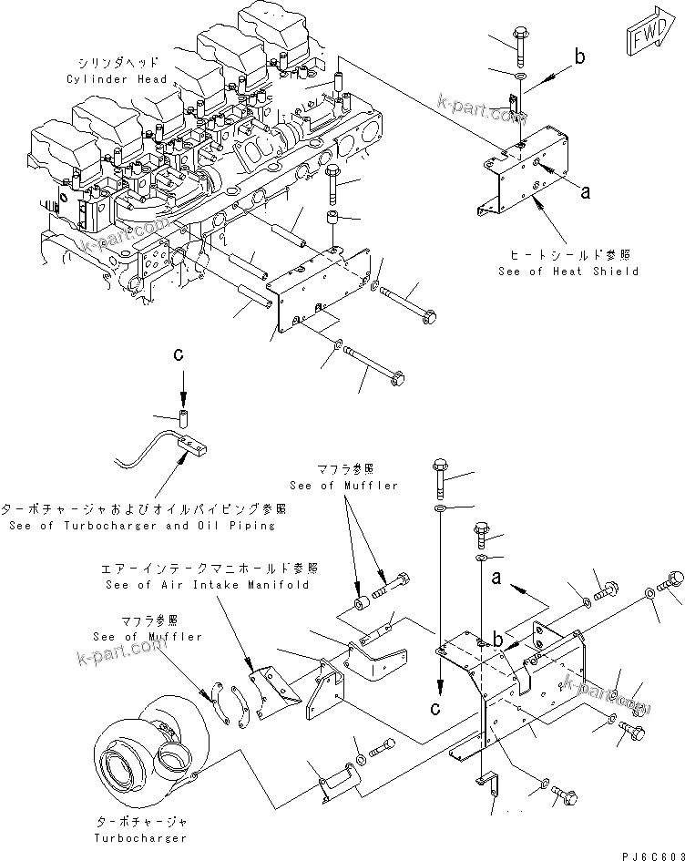 Komatsu parts book diagram for SAA6D140E-3G S/N 110003-UP: HEAT SHIELD (1/2) TURBOCHARGER AND EXHAUST MANIFOLD