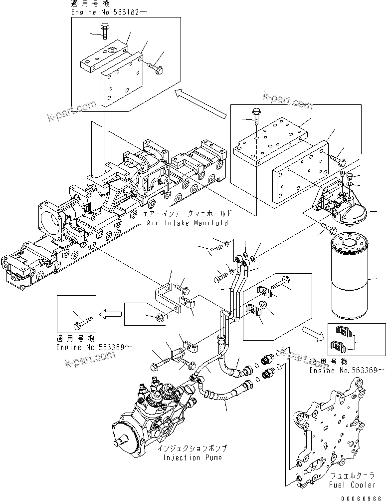 Komatsu parts book diagram for SAA6D125E-5F S/N 560001-UP: FUEL FILTER AND PIPING (THREAD 1-5/8)(#560004-)