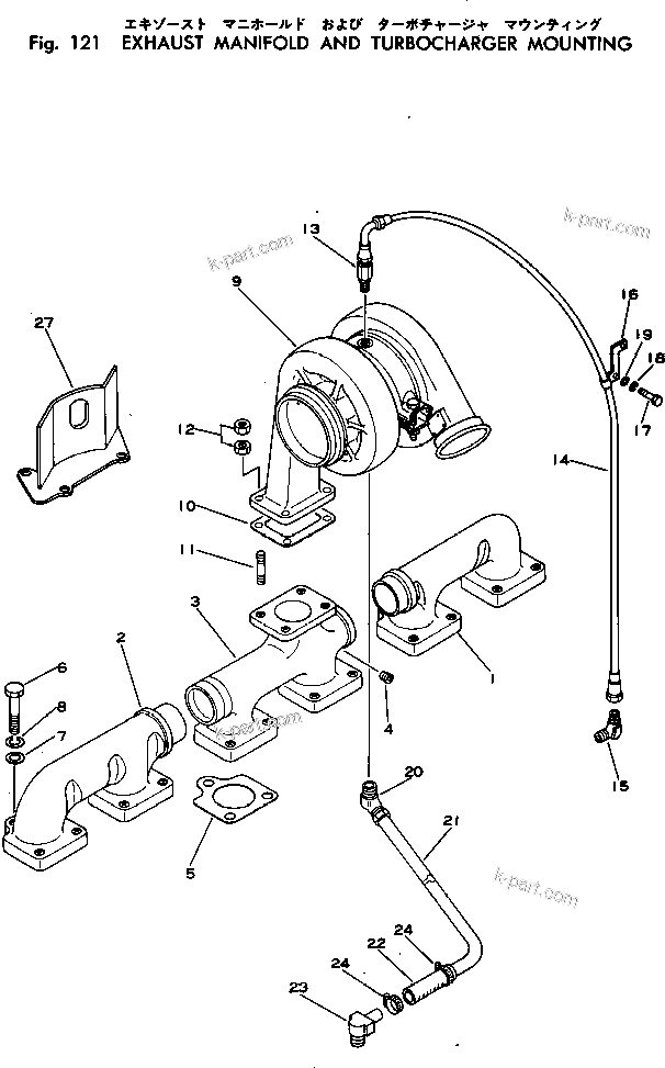 Komatsu parts book diagram for VT-1710-1 S/N 576252-UP: EXHAUST MANIFOLD AND TURBOCHARGER MOUNTING