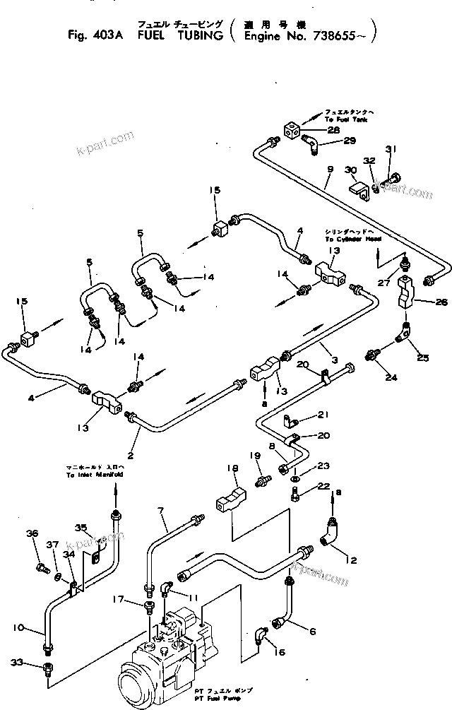 Komatsu parts book diagram for VT-1710-1 S/N 576252-UP: FUEL TUBING(#738655-)