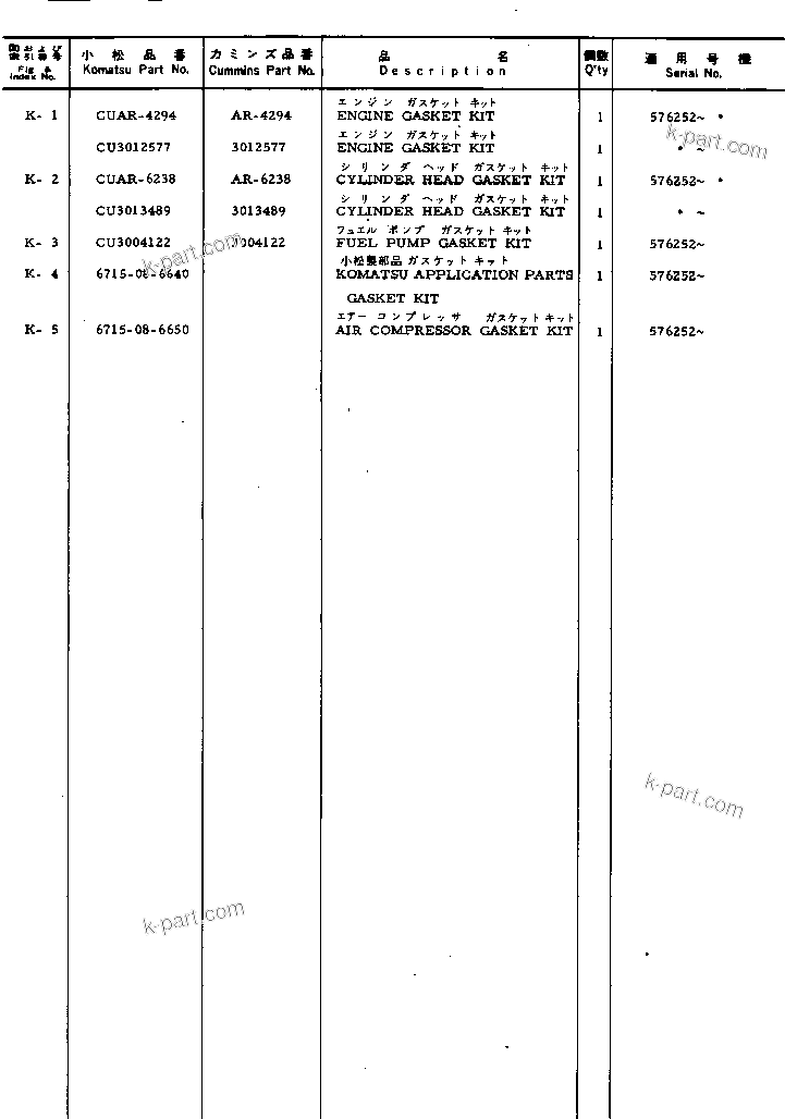 Komatsu parts book diagram for VT-1710-1 S/N 576252-UP: SERVICE KIT