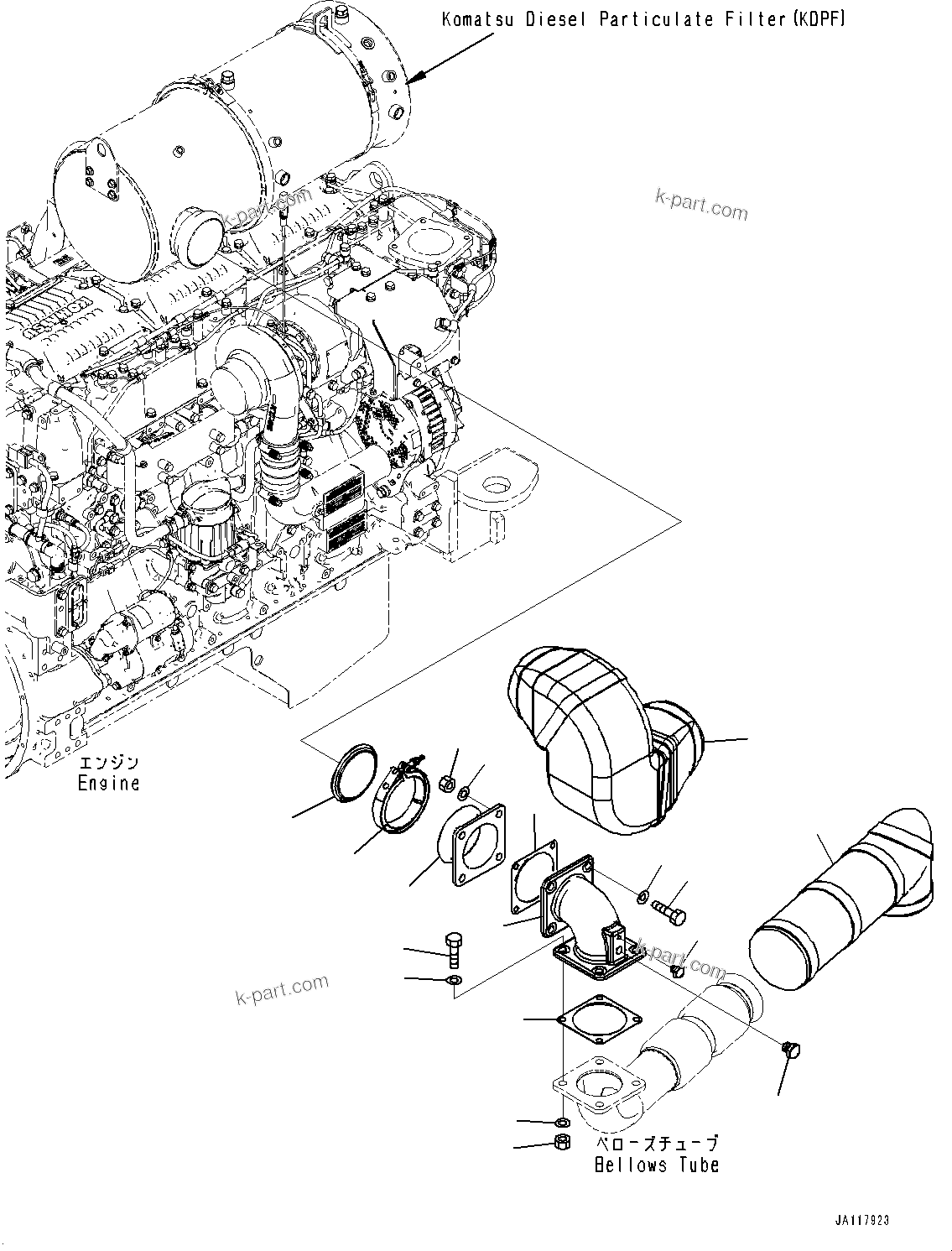 Komatsu parts book diagram for WA485-11E0 S/N H35051-UP: EXHAUST PIPE, BELLOWS PIPING