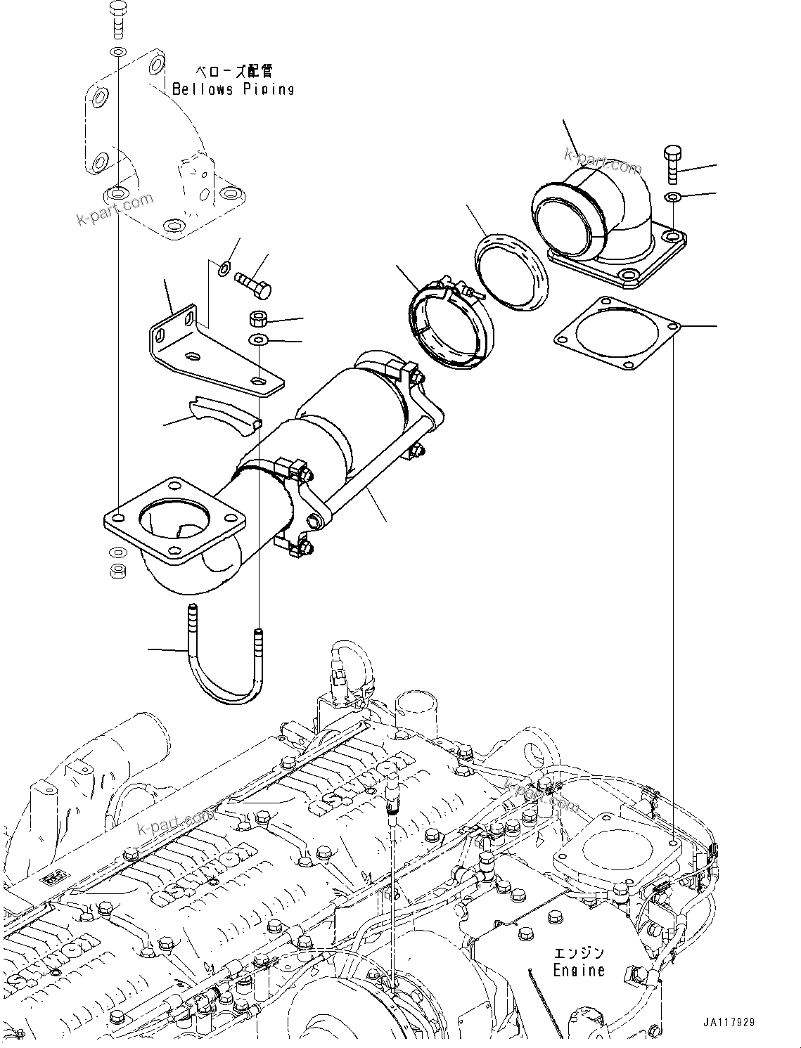 Komatsu parts book diagram for WA485-11E0 S/N H35051-UP: EXHAUST PIPE, BELLOWS TUBE