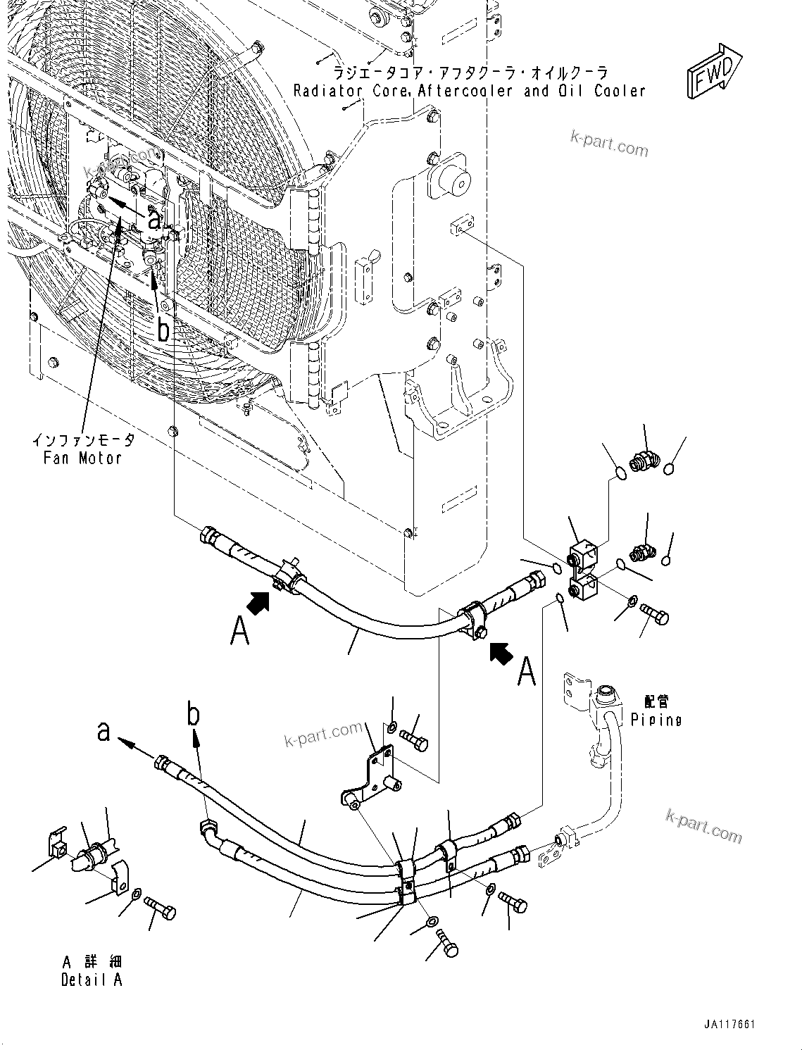 Komatsu parts book diagram for WA485-11E0 S/N H35051-UP: RADIATOR, FAN MOTOR PIPING