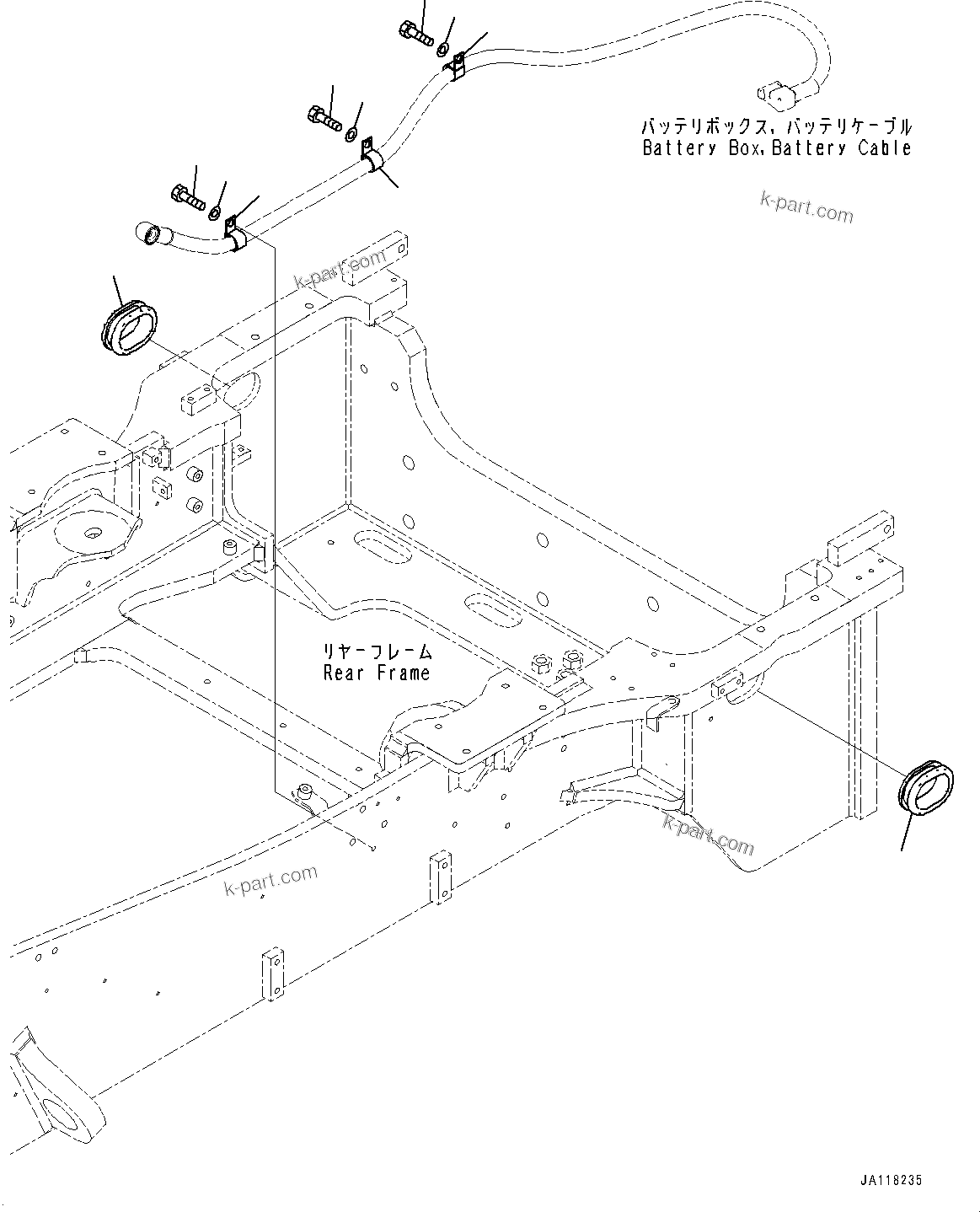 Komatsu parts book diagram for WA485-11E0 S/N H35051-UP: REAR WIRING HARNESS, BATTERY CABLE RELATED PARTS