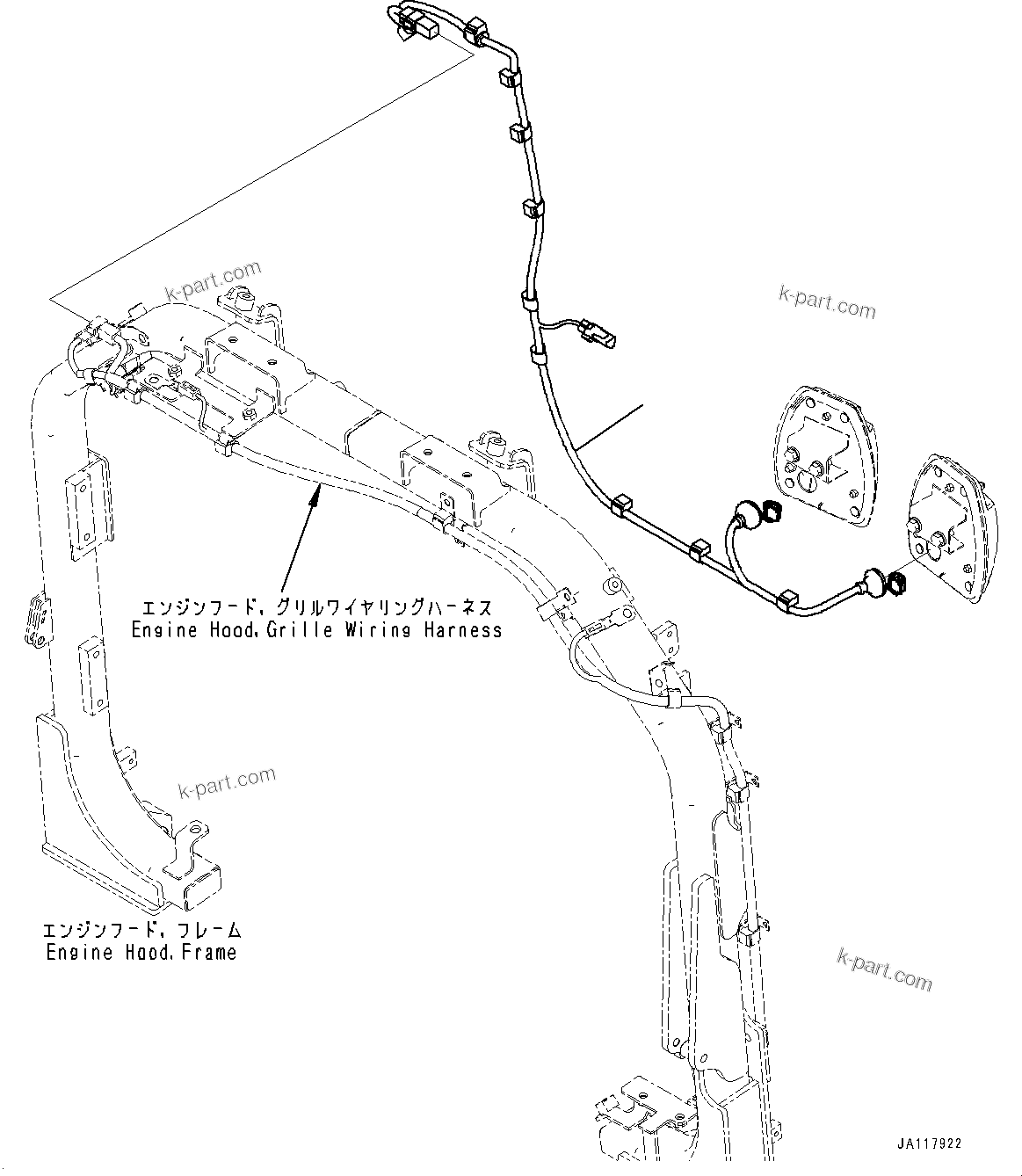 Komatsu parts book diagram for WA485-11E0 S/N H35051-UP: OBSTACLE DETECTION SYSTEM (ODS), REAR RADAR WIRING HARNESS