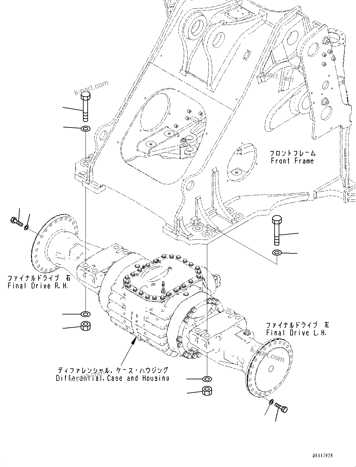 Komatsu parts book diagram for WA485-11E0 S/N H35051-UP: FRONT AXLE, WITH LIMITED SLIP DIFFERENTIAL, MOUNTING