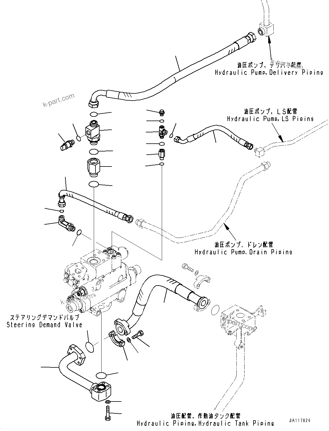 Komatsu parts book diagram for WA485-11E0 S/N H35051-UP: STEERING DEMAND VALVE, WITHOUT AFJS, PIPING (2/2)