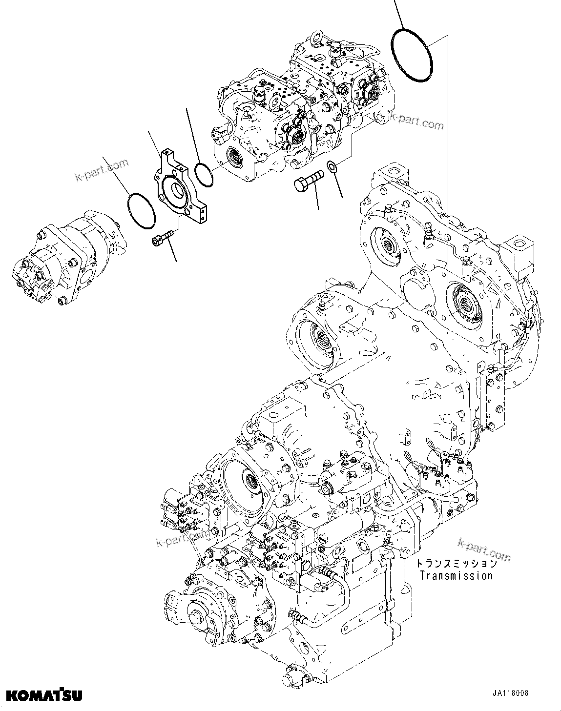 Komatsu parts book diagram for WA485-11E0 S/N H35051-UP: HYDRAULIC PUMP, WITHOUT AFJS, PISTON PUMP MOUNTING (1/3)