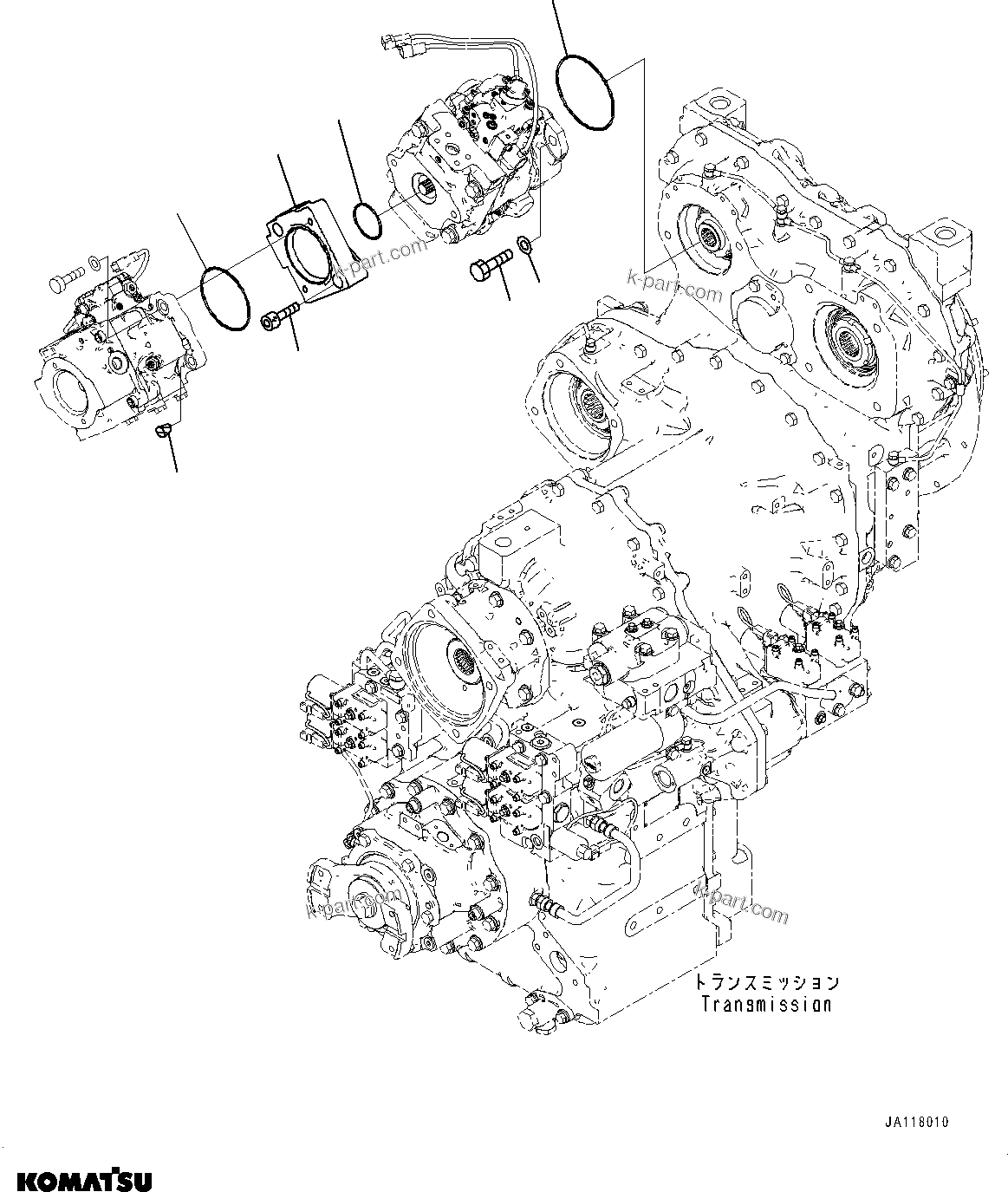 Komatsu parts book diagram for WA485-11E0 S/N H35051-UP: HYDRAULIC PUMP, WITH AFJS, PISTON PUMP MOUNTING (2/3)