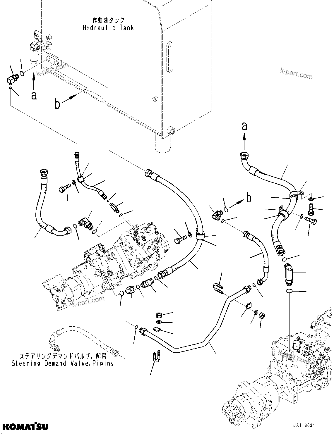 Komatsu parts book diagram for WA485-11E0 S/N H35051-UP: HYDRAULIC PUMP, WITHOUT AFJS, DRAIN PIPING