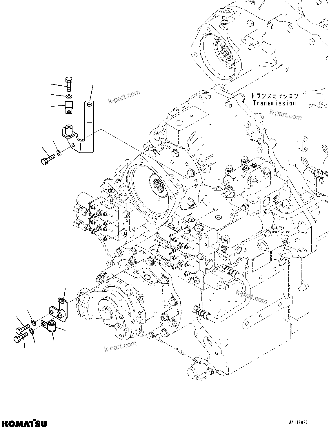 Komatsu parts book diagram for WA485-11E0 S/N H35051-UP: HYDRAULIC PUMP, WITHOUT AFJS, TRANSMISSION WIRING HARNESS MOUNTING