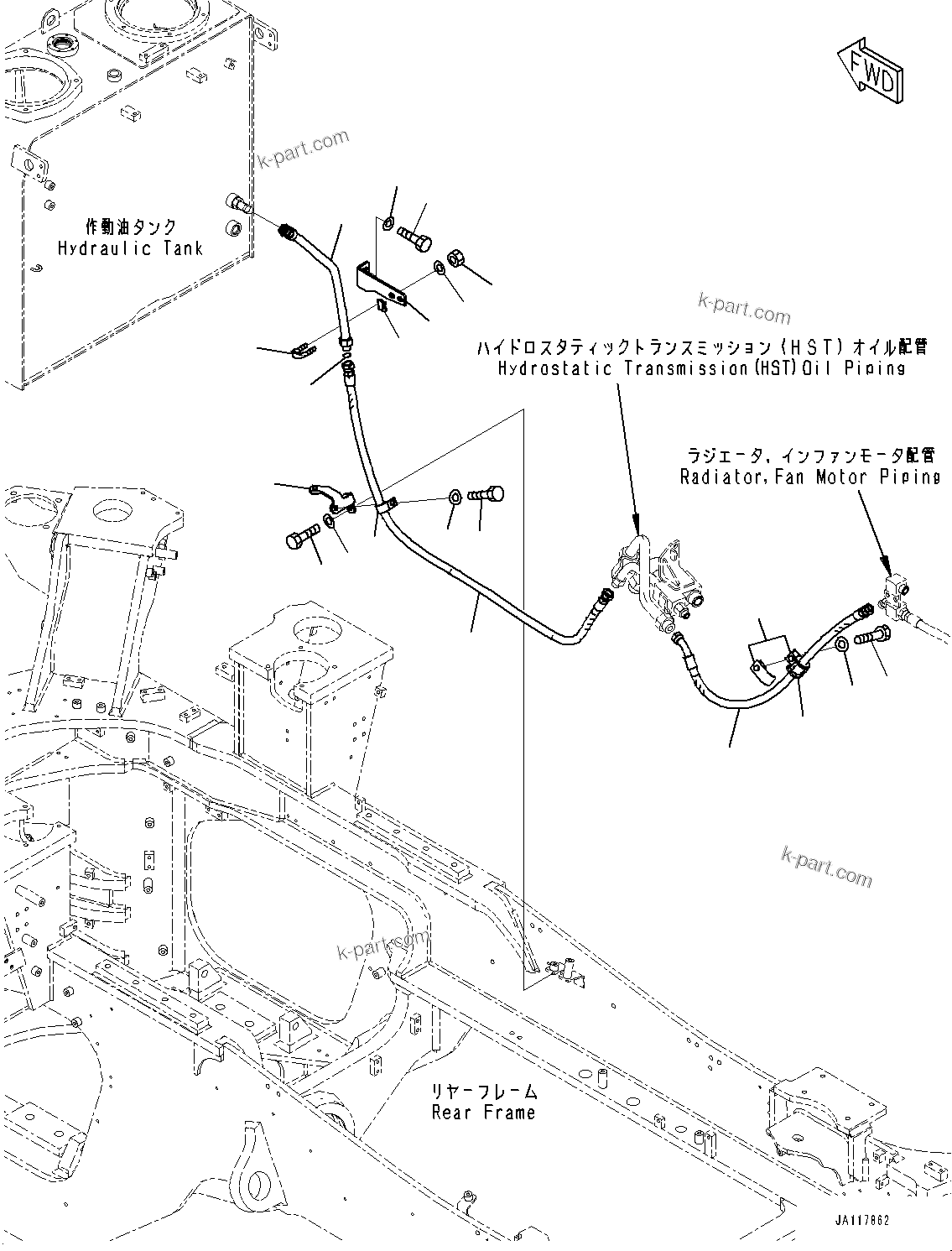 Komatsu parts book diagram for WA485-11E0 S/N H35051-UP: COOLING FAN DRIVE PIPING, FAN MOTOR DRAIN PIPING