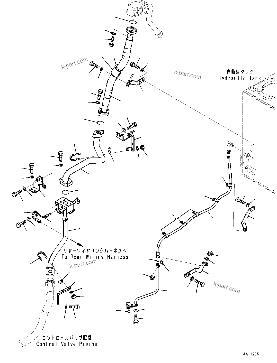 Komatsu parts book diagram for WA485-11E0 S/N H35051-UP: HYDRAULIC PIPING, WITH 3-SPOOL CONTROL VALVE, HYDRAULIC TANK PIPING (2/2)