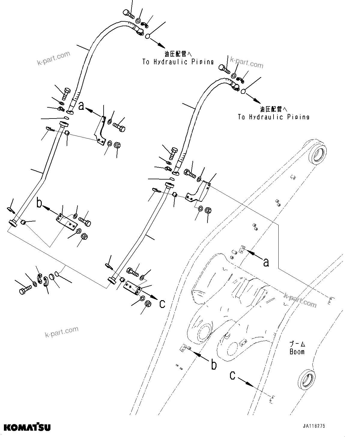 Komatsu parts book diagram for WA485-11E0 S/N H35051-UP: HYDRAULIC PIPING, WITH 3-SPOOL CONTROL VALVE, BOOM RELATED PARTS, PIPING