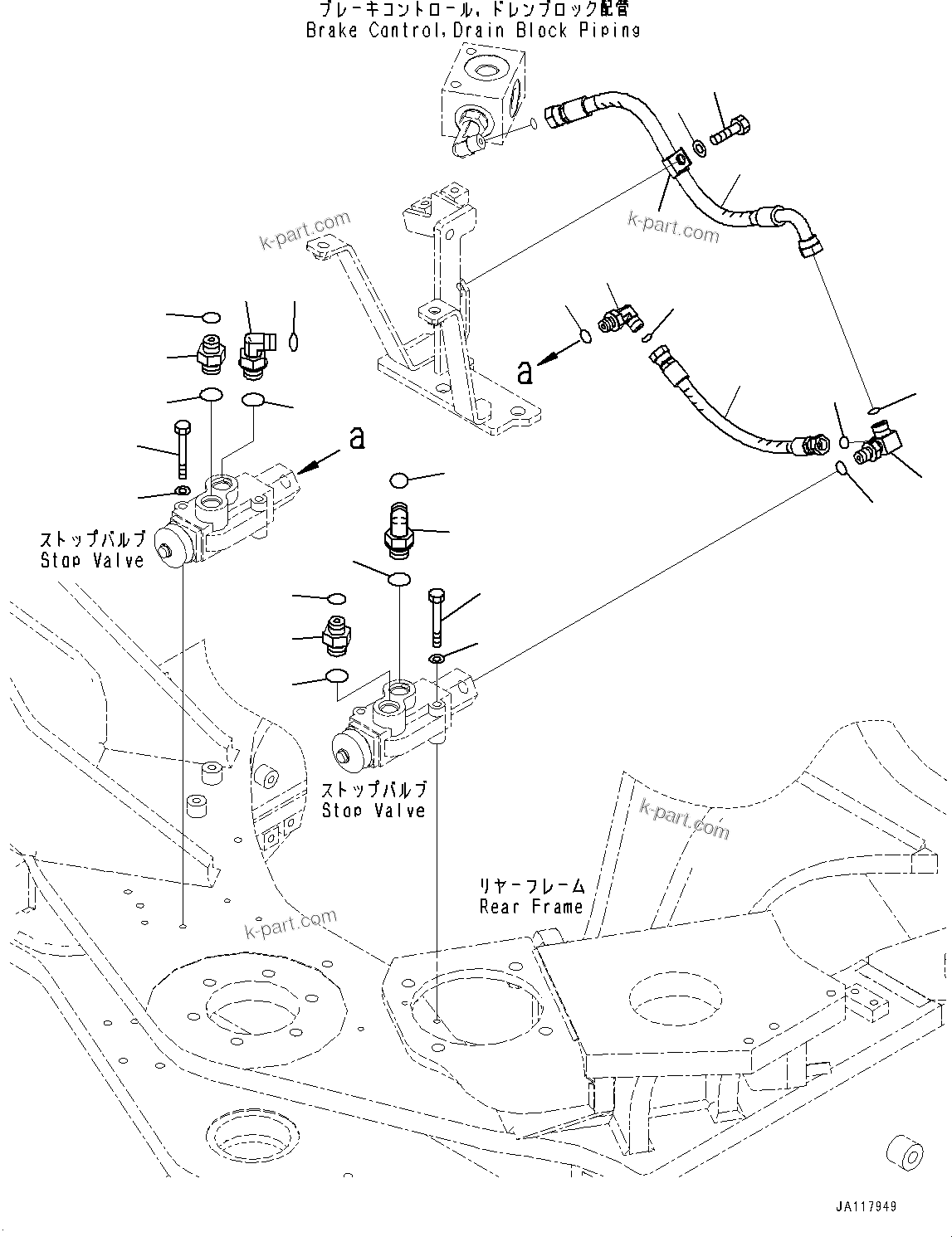 Komatsu parts book diagram for WA485-11E0 S/N H35051-UP: STEERING HYDRAULIC PIPING, WITHOUT AFJS, STOP VALVE PIPING