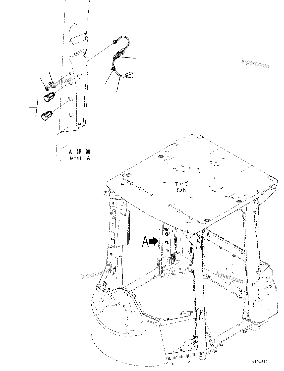 Komatsu parts book diagram for WA485-11E0 S/N H35051-UP: ROPS CAB AND FLOOR FRAME GROUP, WITH AFJS, AUX CABLE