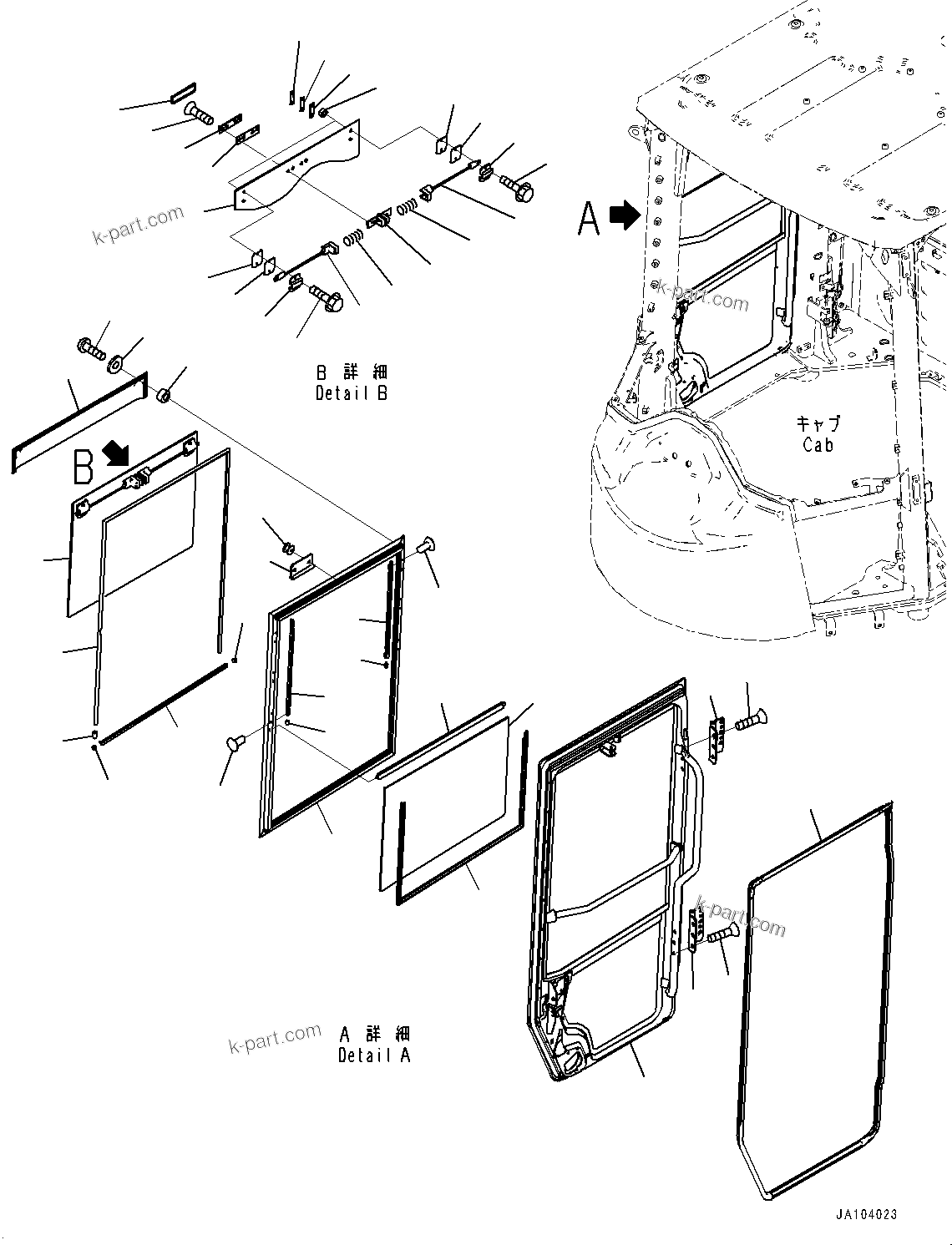 Komatsu parts book diagram for WA485-11E0 S/N H35051-UP: ROPS CAB AND FLOOR FRAME GROUP, WITH AFJS, DOOR, R.H. (1/2)