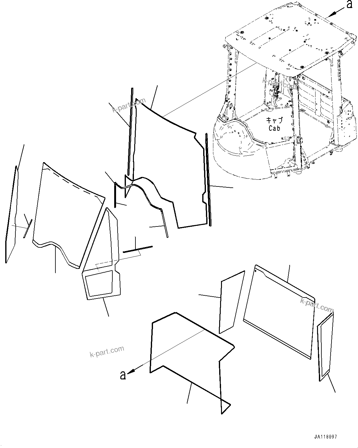 Komatsu parts book diagram for WA485-11E0 S/N H35051-UP: ROPS CAB AND FLOOR FRAME GROUP, WITH AFJS, GLASS WINDOW, FRONT AND REAR
