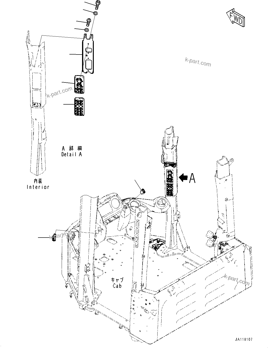 Komatsu parts book diagram for WA485-11E0 S/N H35051-UP: ROPS CAB AND FLOOR FRAME GROUP, WITH AFJS, FLOOR, SWITCH