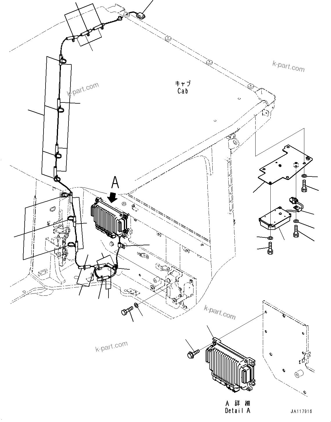 Komatsu parts book diagram for WA485-11E0 S/N H35051-UP: ROPS CAB AND FLOOR FRAME GROUP, WITH AFJS, KOMTRAX CONTROLLER AND ANTENNA